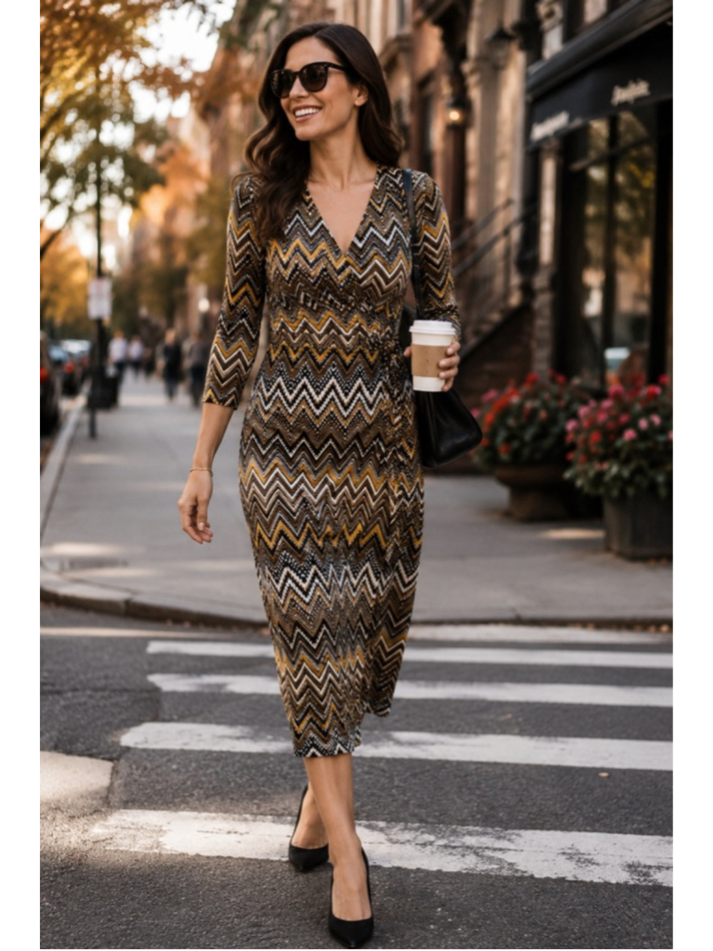 Mlle Gabrielle Faux Wrap Chevron Midi Dress XL Boho Geometric Print